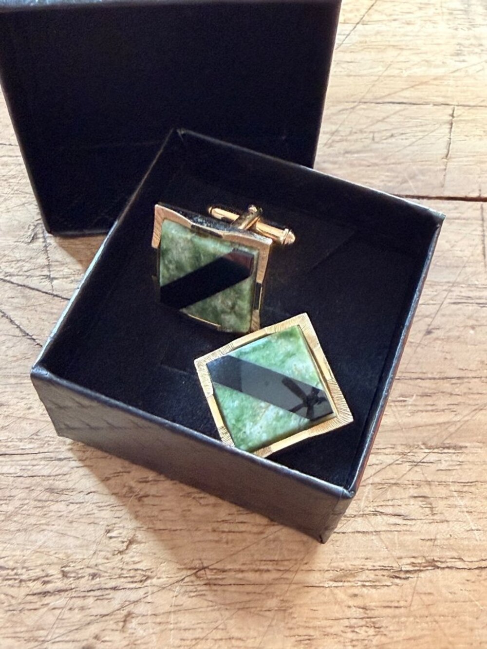 Square Gold-Toned Cufflinks With Green & Black Stone Inlay Unique Geometric Desi